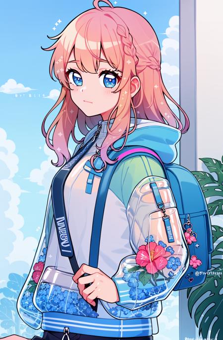 masterpiece, best quality, 1girl, solo, upper body, water, tropical background, standing, modern clothes, gradient hair, blue eyes, hibiscus , pastel hoodie, backpack, bright colors, pattern