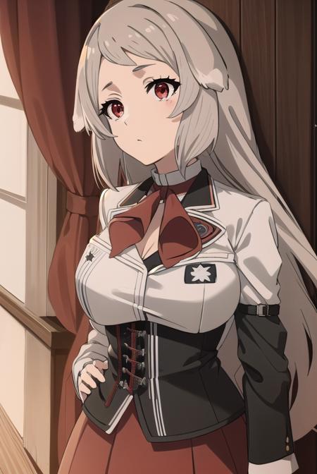 pursenaadoldia, <lora:pursenaadoldias2-lora-nochekaiser:1>,
pursena adoldia, long hair, (red eyes:1.5), animal ears, very long hair, grey hair,
BREAK cleavage, skirt, long sleeves, pantyhose, frills, shoes, red skirt,  loafers, white pantyhose, blazer, (white blazer:1.5), corset, (black corset:1.5),
BREAK indoors, classroom,
BREAK looking at viewer, (cowboy shot:1.5),
BREAK <lyco:GoodHands-beta2:1>, (masterpiece:1.2), best quality, high resolution, unity 8k wallpaper, (illustration:0.8), (beautiful detailed eyes:1.6), extremely detailed face, perfect lighting, extremely detailed CG, (perfect hands, perfect anatomy),