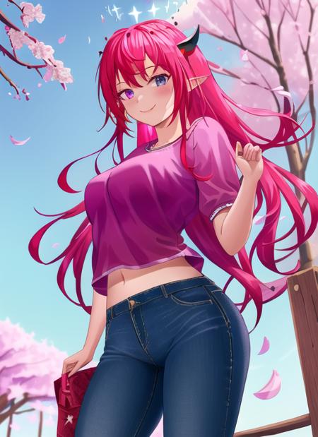 masterpiece, best quality,  detailed, 1girl, standing, straight-on, cowboy shot, looking at viewer, smile, blush, crop top, pink shirt, midriff, navel, jeans, casual, [red|purple] hair, long hair, cherry blossoms, hanami, medium breasts, multiple horns, star halo, double halo<lora:irys:1>