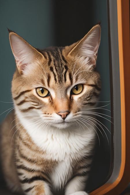 RAW photo, a close-up picture of a cat, orange eyes, reflection in it's eyes