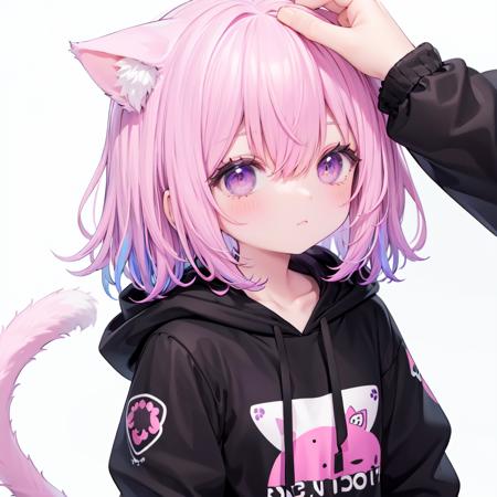 1girl,animal ears,tail,purple eyes,multicolored hair,cat ears,cat tail,hood,blush,white background,animal ear fluff,pink hair,cat girl,solo focus,long sleeves,simple background,bangs,looking at viewer,upper body,hair between eyes,purple hair,black hoodie,hoodie,closed mouth,hood down,drawstring,1other,streaked hair,collarbone,headpat,gradient hair,extra ears,medium hair,out of frame,puffy sleeves,tail raised,