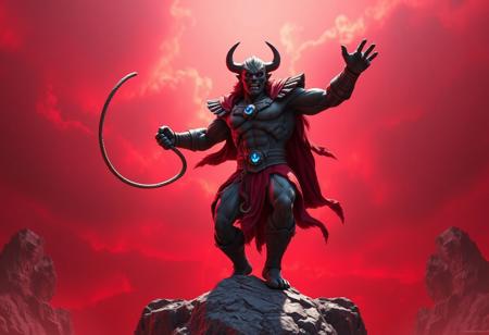 Masters of the Universe Ancient Warriors Beast Man, dynamic action pose, arms outstretched, wielding a whip, standing on a rocky outcropping against a fiery red sky. Vibrant red and orange attire with blue gem detail. Ultra detailed, cinematic, trending on Artstation, Octane Render, Unreal Engine 5, captivating lighting, impeccable composition, matte painting.