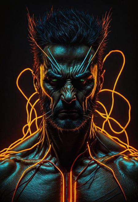 D_Ewir3s , Dark electric neon wires,
dark cyberpunk art,  wolverine