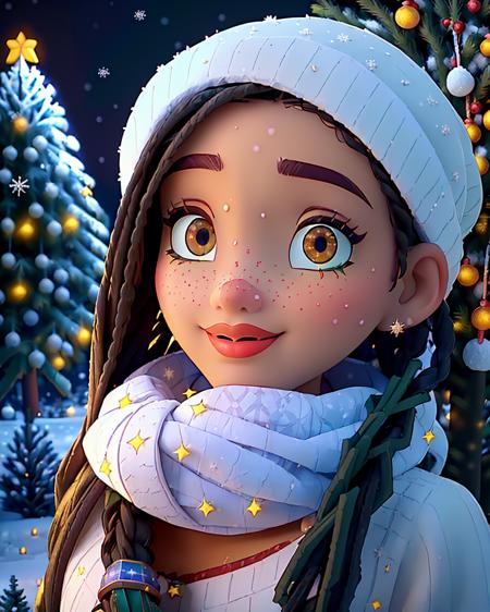 <lora:AshaDisney-Stasis:1> ashadisney, DisneyAsha, tropical, cleavage, (Photo of 1 cute Girl:1.2), Beautiful, wearing a winter Sweater, scarf, and Christmas hat. Twin braids coming from underneath her hat. Highly detailed beautiful expressive eyes. Drinking hot chocolate outside.(Scene takes place at Night. Starry Night. Mystical winter wonderland. Whimsical Christmas festival. Crowd of people. Detailed vibrant Red, blue, green, white Christmas lights. Pine Tree Forest. Frozen Lake. Snow.:1.3).  Photorealistic, Natural atmospheric lighting, intricate details, 35mm photograph, film, professional, 4k visuals, highly detailed, elegant, studio quality.