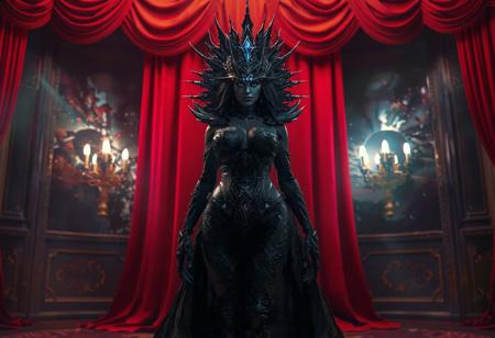 "Depict a captivating scene of a voluptuous Cosmo Queen standing proudly in a room, with a dark material body and a crown of spikes. The background showcases a Chaos Field, and the Queen is positioned in front of a red curtain. Utilize 4K resolution, exceptional quality, vivid colors, sharp lines, and dynamic poses to emphasize the grandeur of the scene. Incorporate visual distortion, volumetric lighting, and a blue visor for a unique touch. Aim for a trending, award-winning, hyper-realistic illustration using Octane Render and Unreal Engine."