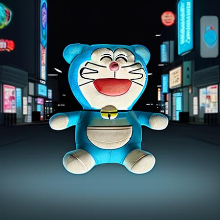 <lora:doraemonPlushieBigLaugh:1>,  backlight, doraemon_\(character\),  laugh, cyberpunk city