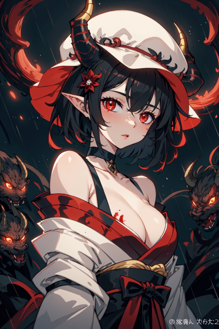 masterpiece, official art, best quality , extremely detailed, fantasyv2, 1girl, solo, looking at viewer, short hair, black hair, red eyes, hat, cleavage, bare shoulders, upper body, japanese clothes, horns, choker, artist name, blood, glowing, glowing eyes, single horn, rain, oni horns, beads, sarashi, oni, blood from mouth , <lora:fantasyv2:0.8>