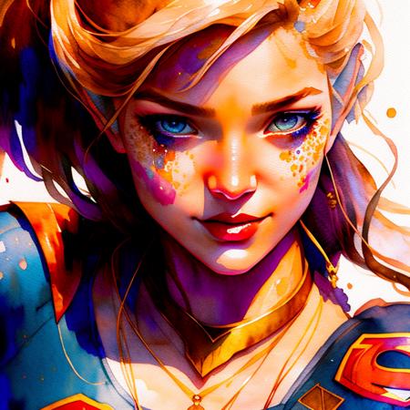 wtrcolor style, Digital art of (Supergirl), official art, frontal, smiling, masterpiece, Beautiful, ((watercolor)), face paint, paint splatter, intricate details. Highly detailed, detailed eyes, [dripping:0.5], Trending on artstation, by Rachel Walker