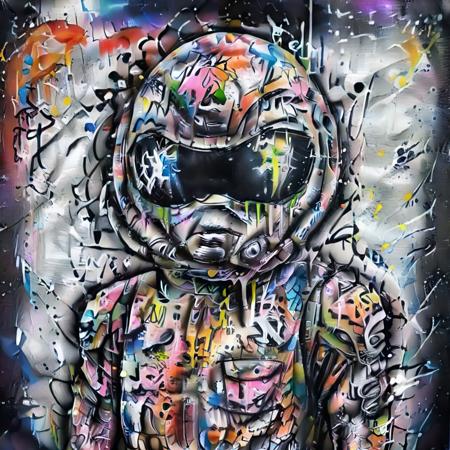graffiti alien astronaut in a torn spacesuit, Damaged ripped, pockets, pouches, solo, dutch angle, (close up:1.2),