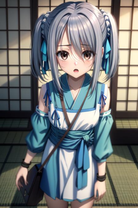 masterpiece, best quality, absurdres, ultra-detailed,  <lora:sagara_youchien-000150:0.7>, takenaka hanbei, 1girl, solo, looking at viewer, open mouth, hair ribbon, long hair, twintails, detached sleeves, fingerless gloves, japanese clothes, obi, shoulder bag, indoors, tatami