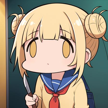 fx_meme, 1girl, toga himiko, blonde hair,  holding weapon, knife, yellow eyes, blue sailor collar, beige cardigan, red neckerchief, serafuku, double bun, hair bun, school uniform, messy hair, bags under eyes, chibi, <lora:ma_meme_fx-13:0.8>,