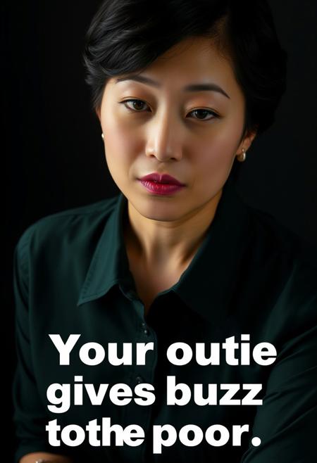 ((Dichen Lachman)), adult asian woman, dark green formal blouse, waist up, close, short dark wavy hair, looking at viewer, (white text saying "Your outie gives buzz to the poor"), hyperrealism, relaxed face, dark background, focal light, pouting, therapy session, sitting straight,