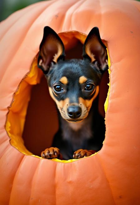 Miniature Pinscher in a giant punpkin, Shy Miniature Pinscher. The miniature Pinscher is barely visible, only his head are partially out of a hole in the pumpkin.
