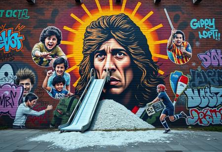 “A surreal and detailed mural of Diego Armando Maradona painted on a large urban brick wall, featuring multiple iconic moments of his career in a collage style. Maradona’s central figure is depicted with expressive eyes, his legendary long hair, and a radiant golden aura around his head symbolizing his legacy. From the nostrils of one prominent portrait, a 3D child slide emerges, winding down dramatically and covered in white powder, symbolically gathering in a pile on the floor. Around him, smaller depictions of his ‘Hand of God’ goal, his joyful celebrations, and a young Maradona playing in the streets of Buenos Aires are painted. The setting includes vivid graffiti tags and urban decay, creating a powerful mix of nostalgia and raw urban energy, with vibrant colors and symbolic contrasts highlighting his complex story.”