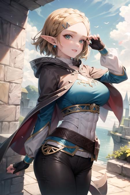 masterpiece, best quality,dynamic pose, solo, absurdres,scenery,        <lora:GAME_princess_zelda_aiwaifu-10:0.8>,      princess_zelda_aiwaifu,aiwaifu,pointy ears,braid,hair ornament,hairclip,gloves,fingerless gloves,blue shirt,shirt,long sleeves,crown braid,bangs,pants,black gloves,green eyes,parted bangs,black pants,short hair,long hair,cape,sidelocks,hood,thick eyebrows,jewelry,hooded cape,belt,tight pants,tight,large breasts,puffy sleeves,ornate,