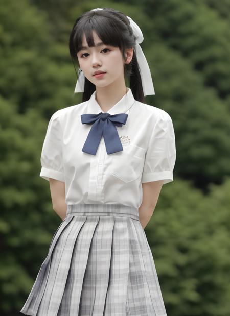 jk, 1girl, solo, long hair, looking at viewer, bangs, skirt, shirt, black hair, bow, ribbon, arms behind back, white shirt, ponytail, short sleeves, hair bow, pleated skirt, parted lips, collared shirt, blurry, black eyes, plaid, blurry background, plaid skirt, white skirt, grey skirt
 <lora:jk_v3:0.7>