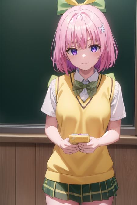 momodevilluke, <lora:momo deviluke darkness-lora-nochekaiser:1>,
momo deviluke, demon tail, hair flower, hair ornament, (purple eyes:1.1), pink hair, short hair, tail, smile,
BREAK demon tail, green skirt, plaid, plaid skirt, sainan high school uniform, school uniform, skirt, sweater vest, thighhighs, (yellow sweater:1.5), short sleeves, bow, (green bow:1.5),
BREAK indoors, classroom,
BREAK looking at viewer, (cowboy shot:1.5),
BREAK <lyco:GoodHands-beta2:1>, (masterpiece:1.2), best quality, high resolution, unity 8k wallpaper, (illustration:0.8), (beautiful detailed eyes:1.6), extremely detailed face, perfect lighting, extremely detailed CG, (perfect hands, perfect anatomy),