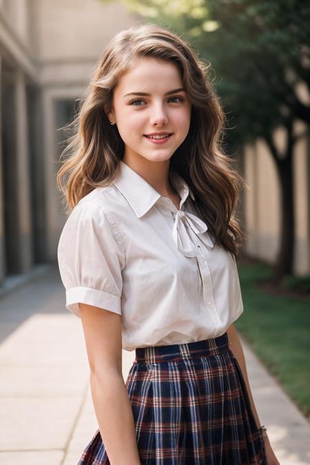 LauraW_SoloTI_v1, PA7_Portrait-MCU,
(happy,smile), (In a plaid skirt and white blouse, with a ribbon tie, for a classic and youthful look), ((A sunlit school courtyard, with friends gathered in groups, a cheerful and carefree atmosphere)), (seductive:1.3),(analog, cinematic, film grain, hazy atmosphere, cinematic shot:1.3),
 <lora:add_detail:0.6>