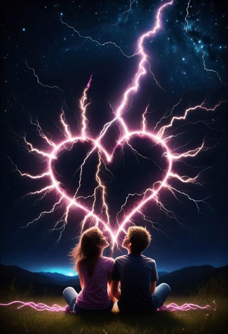 <lora:Lightning_SDXL:1>, mad-lgthng, a boy and a girl with arms around each other looking up at the night sky with a heart shaped pink lightning is, back against the camera, sitting on the ground, vibrant colors, magical, heartwarming