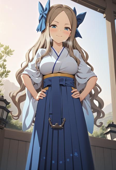 1girl, nagami yuu, cowboy shot, standing, hands on hips, light blue kimono, blue gradient kimono, blue hakama, hakama skirt, yellow waist, very long hair, wavy hair, light brown hair, forehead, blue eyes, twin bows, hair bow, anchor, breasts, wide sleeves, smile, natural lighting, (masterpiece, best quality), detailed scenery, sunrise, outdoors, morning, (3d render:0.5), <lora:kamikazes_animaginexl_2-44:0.9>