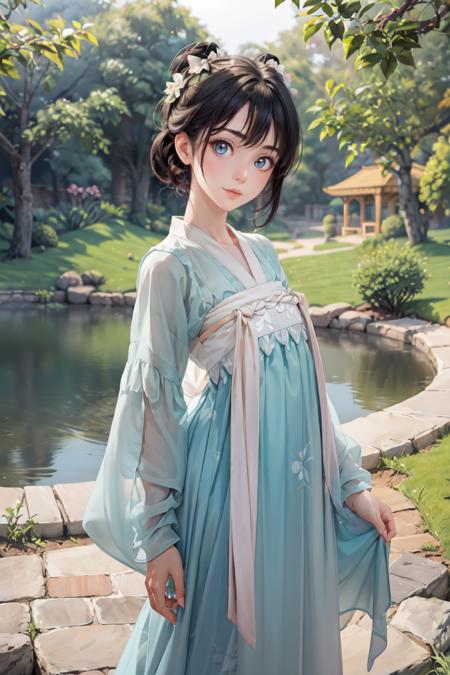 high detail, (detailed face), detailed eyes,((best quality, masterpiece)), beautiful and aesthetic, perfect lighting,Cowboy Shot, hyperrealism,dramatic lighting,<lyco:GoodHands-beta2:1.3>,  1girl, solo, looking at viewer,cute delicate face,  sharp focus, hanfu,girlface, stunning innocent symmetry face,  slim waist, slim legs,<lora:tangStyle26:0.8>, <lora:more_details:0.3>,stylish pose, a serene and picturesque royal garden with ponds, pavilions, and walking trails