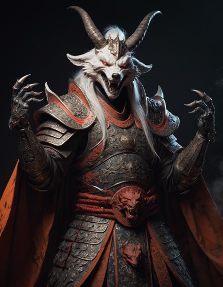 long_fingernails, pale_skin, traditional_robes, sharp_teeth, glowing_eyes, white_hair, ethereal_body, ghostly_whisps, dark_aura, levitation, sinister_smile, horns, qing_dynasty_garments, terracotta_armor (for warrior spirits), fox_features (for huli jing), snake-like_attributes (for nü gui), spectral_presence, shadowy_form, malevolent_grin, red_eyes