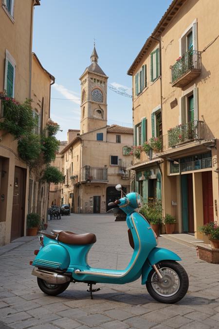 a cartoon of Matt Bors, an old bakery building with a motor scooter in front of it, in the style of romantic charm, mediterranean-inspired, villagecore, sacricore, romantic atmosphere, absinthe culture, antique influences