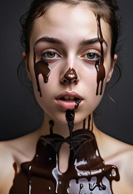Surreal and artistic  photograph of a sexy young woman of mixed Irish and french heritage. Her face expresses pure lusty erotic desire, entirely aroused. Her body exposed and alluring, her body posed and visible, slim waist and curvy hips. Postmodern nonpareils and dripped chocolate syrup  tastefully decorate  her face and breasts, tummy and shaved pubic mound.