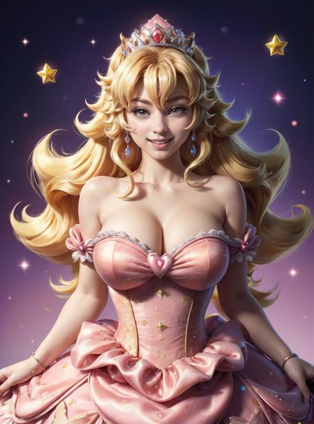 (highly detailed skin, high quality:1.1), Super Mario style (photo of princess peach:1.2), (smiling:1), brightly colored, vibrant, cute, cartoony, fantasy, playful, reminiscent of Super Mario series