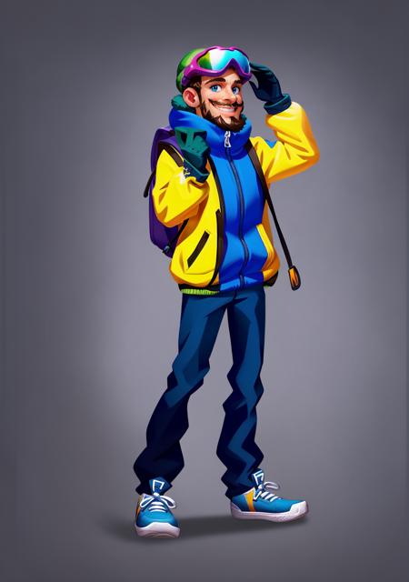 European and American cartoons, game characters, original design, 1boy, solo, backpack, male focus, gloves, smile, goggles, bag, fingerless gloves, blue gloves, blue eyes, full body, hat, grey background, jacket, pants, standing, grin, goggles on head, facial hair, shoes, looking at viewer, beard, brown hair, goggles on headwear<lora:CG Game ouka:1>