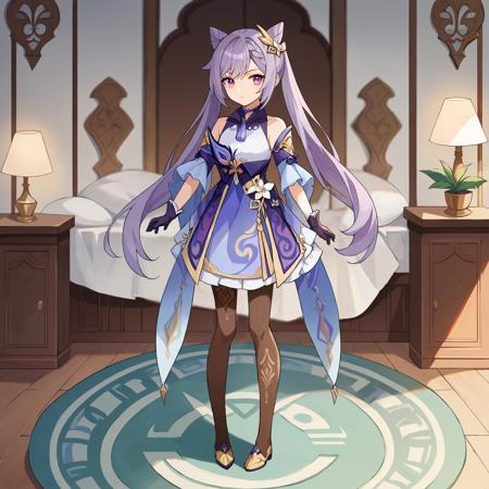 keqingdef, purple hair, cone hair bun, purple eyes, long hair, double bun, braid, twintails, hair ornament, neck tassel, purple dress, frilled dress, detached sleeves, sleeveless, bare shoulders, frilled skirt, purple skirt, purple gloves, black pantyhose, keqingcs, purple hair, cone hair bun, purple eyes, long hair, double bun, braid, twintails,