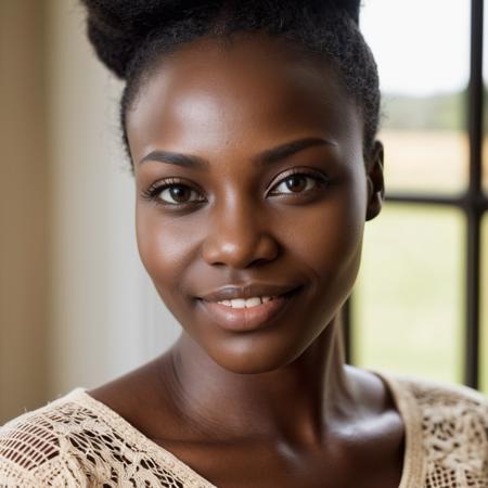 (Close-up face portrait:1.3) of a smiling 27 year old Ghanian woman with medium natural black hair, brown Wide eyes, Square face, Turned-Up nose, Defined jaw, Large mouth, Thick brows, Strong chin, and (closed mouth:1.5). looking down. Modern style, inside a Living room , Farm visible through window, Morning, sunshine, detailed skin texture, detailed cloth texture, beautiful detailed face, intricate sharp details, ultra high res.