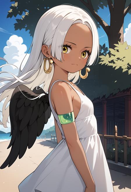 aasnake, long hair, white hair, dark skin, earrings, yellow eyes, symbol-shaped pupils, black wings, small breasts. sundress, white dress, sleeveless, armlet