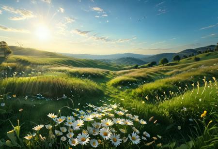A peaceful grassy field under bright blue skies, golden sunlight streaming down, scattered daisies and butterflies creating a playful vibe, a gentle breeze rustling through the grass, serene and calming ambiance, inviting nature scene with rolling hills in the background, balanced composition, 8k,