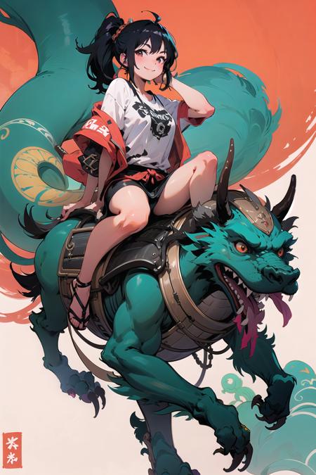 riding monster, black hair, ponytail, sandals, smile <lora:ridingmonster-000008:1>