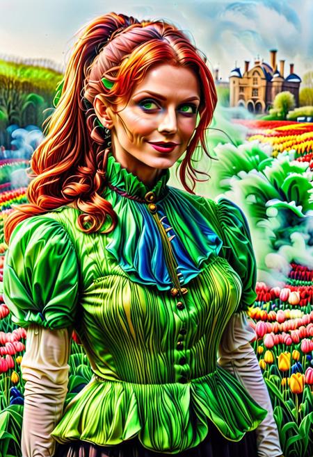jaynl-tm, (close up:1.8), Stable_Yogis_PDXL_Positives, (Victorian blouse made of tulips:2.3), Realism_Quality_2xx_By_Stable_Yogi, (anatomically correct:1.7), photo, photo_realistic, 1girl, mature_woman, European, 27 years old, parted_lips, choker, seductive smile, sultry, serious stare, stern look, close-up, eye shadow, makeup, milf, mature female, pureerosface_v1, Expressiveh, intricate_details_xl, natural skin, realistic, hands out of view, red lipstick, makeup, Influencers Deluxe_Lara_Lang, long ponytail, streaked hair, Orange hair, black streaks in her hair, long side bangs, black highlights in bangs, thick lips, mega ponytail, big hair, tall, natural blue eyes, high neck closure, fitness body, toned muscles, high cheekbones, solo, (fully dressed:2), high turtle neck, outdoors, (hands hidden:1.7), short sleeves, closed dress, high neck closure, gentle smile, closed mouth, short puffy sleeves, laboratory, big fluffy hair in all directions. (green smoke:1.8), (red:1.4), (blue:1.4), (white:1.4), (clothes made of tulips).