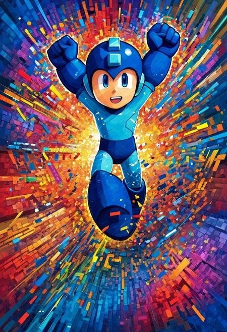 Rockmegamen, Megaman is liberated from a digital system, their words breaking free in stuttered excitement, proclaiming their newfound freedom. The cinematic image depicts a figure breaking through digital constraints, exuding a sense of power and release. Vivid colors and sharp lines convey a strong sense of movement and triumph. Every pixel bursts with energy and vibrancy, capturing the viewer's attention and drawing them into the exhilarating moment of liberation.