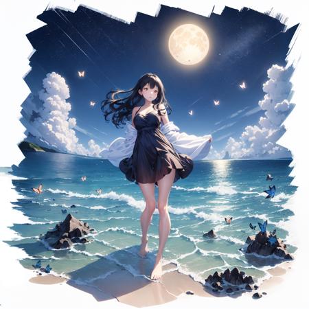 [(white background:1.5)::5], hexagon,
1 girl, mid shot, full body, 
standing on ocean, sea waves, water splashes, sky, detailed moon, light particles, butterflies, night, starry sky,
<lora:Gacha Splash mid shot:0.9>