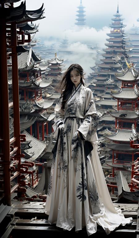 (dramatic, gritty, intense:1.4),masterpiece, best quality, 8k, insane details, intricate details, hyperdetailed, hyper quality, high detail, ultra detailed, Masterpiece, elaborate HanfuHanfu, (Chinese architecture:1.5)
 stands amidst a bustling metropolis' futuristic architecture.  This full body shot for Vogue, captured by Andreas Gursky, melds tradition and modernity <lora:elaborate Hanfu_20230808075428:1>