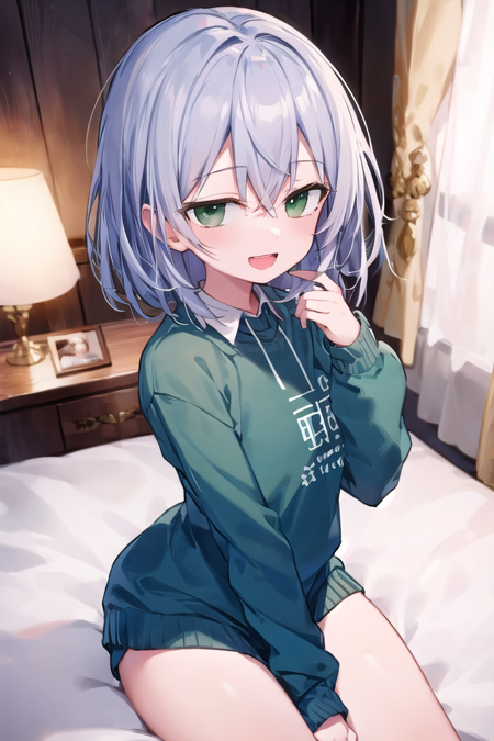 <lora:worriedeyes_v100:1>
insanely detailed, absurdres, ultra-highres, ultra-detailed, best quality,
1girl, solo, 16 years old,  nice hands, perfect hands,
BREAK,
wearing sweater, (cleavage:-1.5),
smile, open mouth, (looking at viewer:1.3),
(sitting on bed), seductive pose, cowboy shot, from above,
BREAK,
slender, kawaii, perfect symmetrical face, ultra cute girl, ultra cute face, ultra detailed eyes, ultra detailed hair, ultra cute, ultra beautiful,
by Canon EOS, SIGMA Art Lens 35mm F1.4, ISO 200 Shutter Speed 2000,
elegant hotel room, closed curtains, antique interior, ultra detailed background,
cinematic light, indirect lighting, evening light, depth of field,
medium breasts, cleavage,
BREAK,
(silver medium hair, dark green eyes), hair between eyes