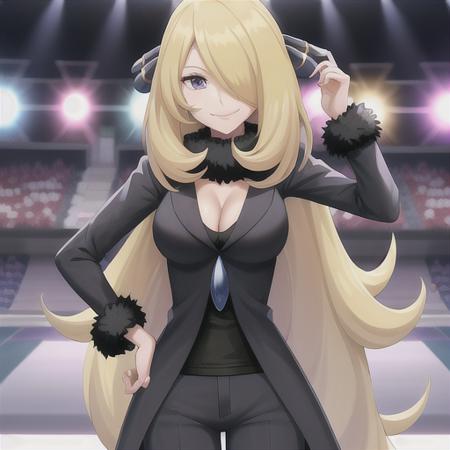 <lora:character_pokemon_cynthia_v1:0.5> stadium, 1girl, character_pokemon_cynthia, solo, standing, cowboy shot, hair over one eye, looking at viewer, smile, closed mouth, arm at side, hand on hip, fur-trimmed coat, fur collar, hair ornament, v-neck, pants