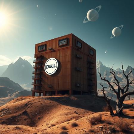 digital artwork featuring a futuristic landscape with a gigantic rusted steel apartment block, resembling a computer server in the foreground. The building, marked with a Dell logo in white, stands on a hill in a barren, undulating terrain. Old windows and balconies are visible on the building. The sky has celestial bodies, orbiting around a bright, glowing sun that casts an ethereal light across the scene. The background showcases jagged, rocky mountains and twisted, leafless trees, adding to the otherworldly atmosphere. .