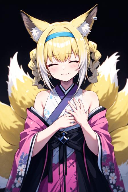 1girl, (suzuran \(arknights\):1.1), arknights, blonde hair, blue hairband, braided hair rings, fox ears, fox girl, fox tail, kitsune, multiple tails, flat chest, smile, closed eyes,
traditional pink kimono with floral print, wide shot,
black background