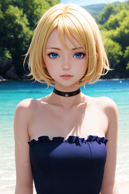 masterpiece, best quality, 1girl, anime screencap, 
short hair, blonde hair, blue eyes, dress, strapless, choker, 
depth of field, water, lens flare,