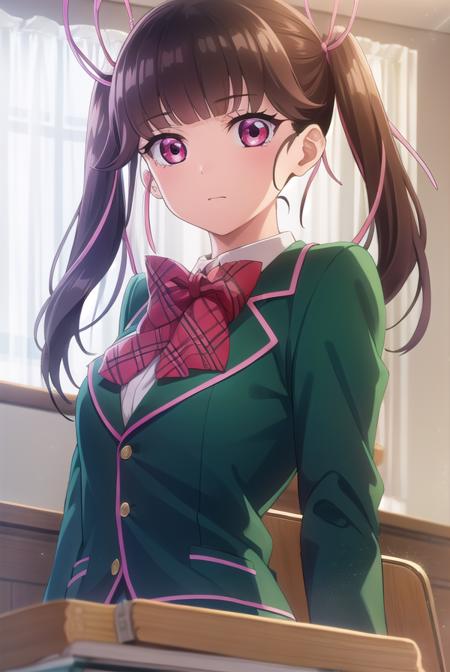 haruarisugawa, <lora:haru arisugawa s1-lora-nochekaiser:1>,
haru arisugawa, long hair, brown hair, ribbon, twintails, hair ribbon, (pink eyes:1.3),
BREAK bow, school uniform, jacket, green jacket,
BREAK indoors, classroom,
BREAK looking at viewer, (cowboy shot:1.5),
BREAK <lyco:GoodHands-beta2:1>, (masterpiece:1.2), best quality, high resolution, unity 8k wallpaper, (illustration:0.8), (beautiful detailed eyes:1.6), extremely detailed face, perfect lighting, extremely detailed CG, (perfect hands, perfect anatomy),