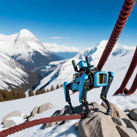 cinematic photo  a blue robot dog with a rope helps climbers, mountain, snow <lora:Spot1024-000160:0.8> . 35mm photograph, film, bokeh, professional, 4k, highly detailed