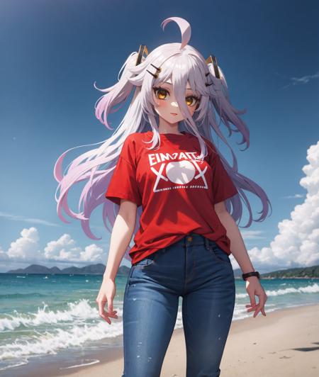 <lora:henya-v3-0-a2-000011:1>
1girl, solo, cowboy shot, standing, 
henya the genius, vshojo, 
beach, red shirt, t-shirt, jeans, blue pants,
yellow eyes, long hair, hair between eyes, ahoge, purple hair, grey hair, gradient hair, two side up, hair ornament