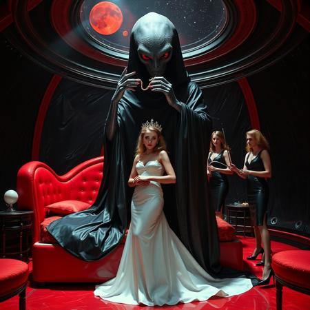 high-society elegant slender norvegian rich innocent young bride posind in front of whorish red glossy bed. She is ensnared by a towering, gray human-like alien, draped in a long, glossy black slime cloak, its eyes gleaming red with an otherworldly intensity.   its hands touching her head putting slime tentacles tiara  on her. Encased in light beam from the alien breeding chamber celling/ Surrounded by strict ladies wearing  glossy satin dominatrix attire and glossy high heels,  holding whips.   weird wet-look black slime  walls and floor, colossus observation blister to outer space full of stars, bright red moon, vintage-inspired makeup, long hairs, ultra thin waist, evil grin, porcelain skin, lipstick, red nails, in the style of a haunting, retro-futuristic 1950s sci-fi nightmare, horror, alien space base,,