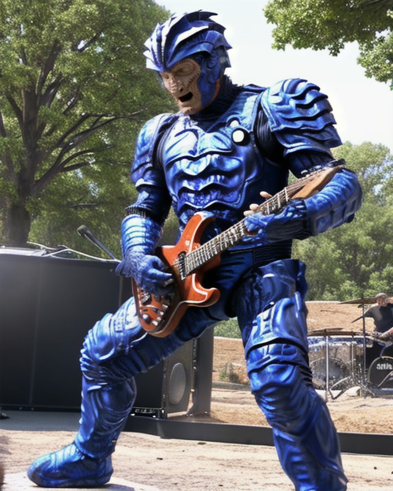 hirogen, alien man, male, leathery bumpy skin, black eyes, wearing blue metal sci-fi armor suit, wearing helmet, wearing m...