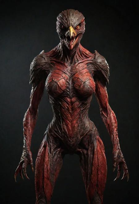 Frontal view. looking forward, looking viewer, full body, realistic professional photography, monster werebird woman, brown and red, cinematic lighting, perfect shading, amazing composition, dynamic angle, 35mm photograph, best quality, masterpiece